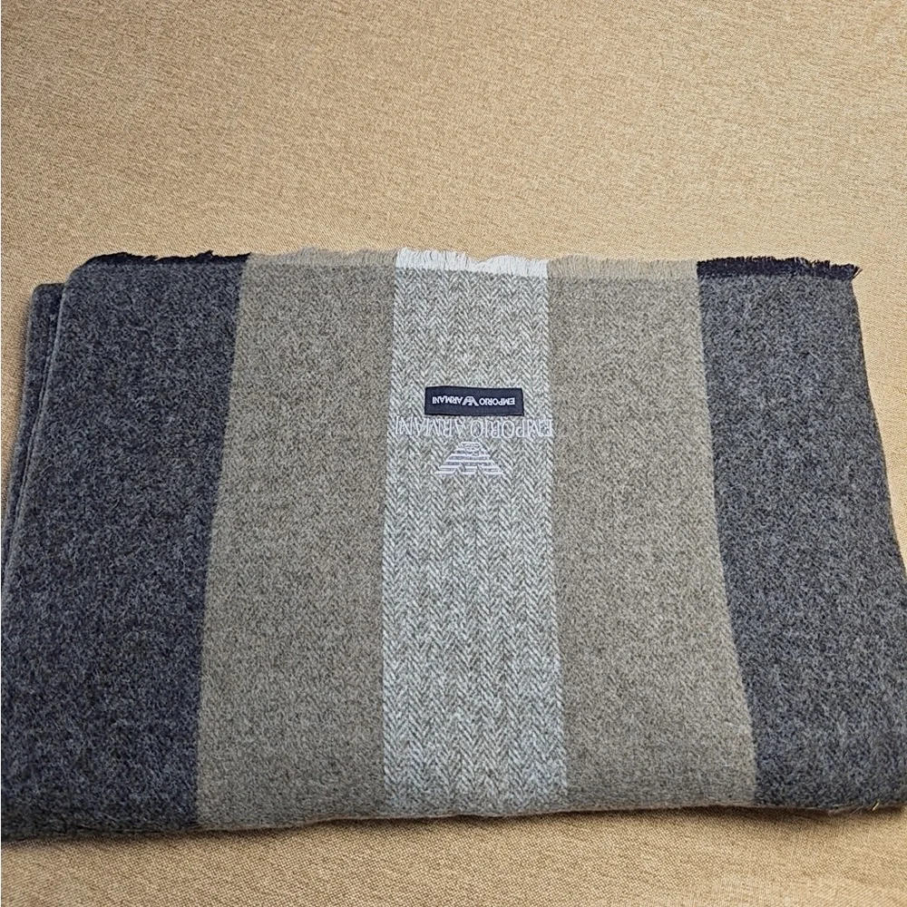 Emporio Armani Taupe, Beige & Gray Striped Wool Scarf